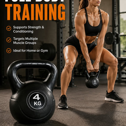 Vinyl Kettlebell Weight 4KG–20KG, Cast Iron Strength Training Equipment with Wide Grip Handle & Stable Flat Base, Free Weight for Home Gym, Squats, Swings and Full Body Workouts