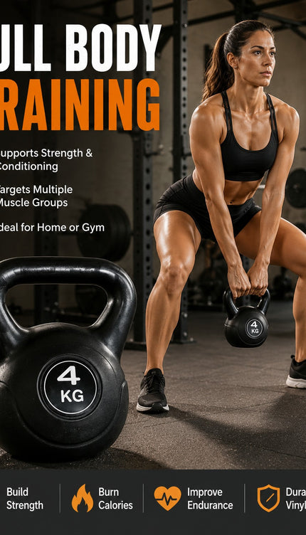 Vinyl Kettlebell Weight 4KG–20KG, Cast Iron Strength Training Equipment with Wide Grip Handle & Stable Flat Base, Free Weight for Home Gym, Squats, Swings and Full Body Workouts
