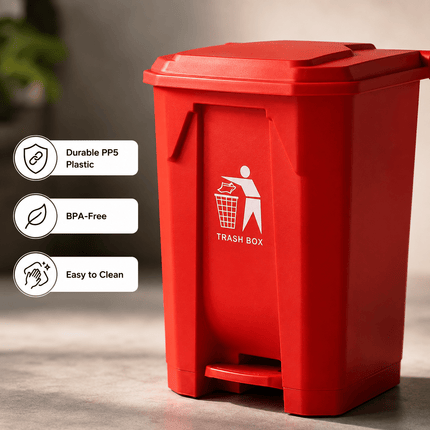 50L Pedal Trash Bin with Lid, Red PP5 Plastic Waste Bin, Hands-Free Foot Operated Rubbish Bin for Kitchen, Bathroom, Bedroom, Office & Workspace, Approx. 40.3 × 38.2 × 56.8 cm