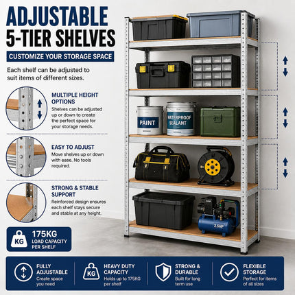 5 Tier Heavy Duty Storage Rack with Adjustable Shelves Durable Sturdy Galvanised Steel Shelving Unit for Home Garage Office Industrial Warehouse Organiser High-Quality Household Storage Solution for Maximum Efficiency