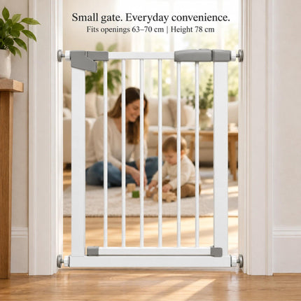 Baby Safety Gate Pressure Fit Stair Gate Auto Close Double Lock Steel Child Pet Gate Adjustable 63-70cm Doorway Barrier No Drill Installation Walk Through Safety Gate for Stairs Hallway Home
