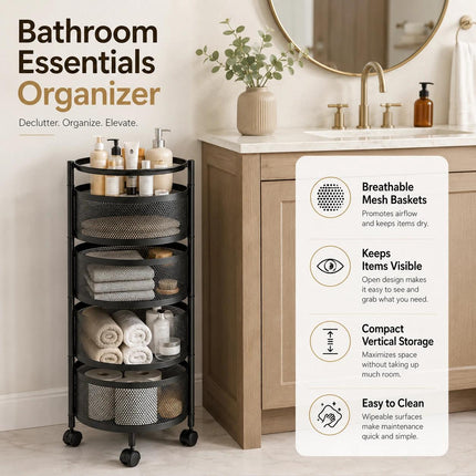 Rotating Kitchen Storage Trolley with Wheels – Multi-Layer Organizer Cart