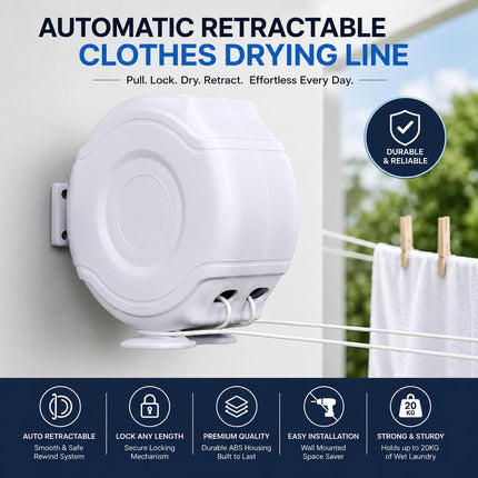 26M Retractable Clothes Line 30KG Heavy Duty Double Washing Line Extendable Wall Mounted Dryer