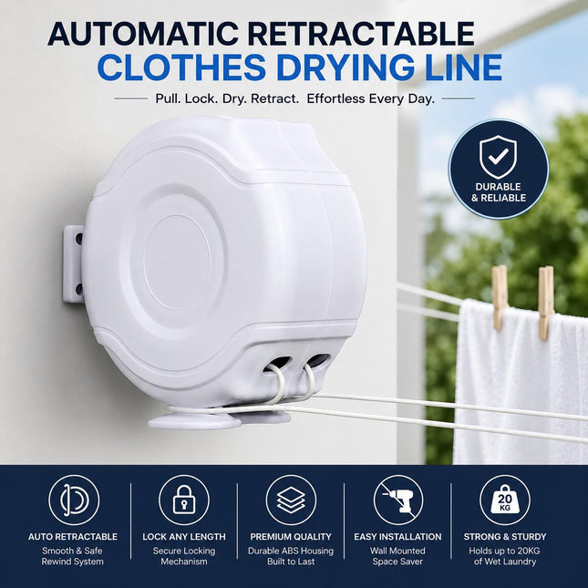 26M Retractable Clothes Line 30KG Heavy Duty Double Washing Line Extendable Wall Mounted Dryer