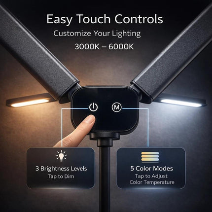 Dual Head LED Desk Lamp with Clamp, Touch Dimming, 5 Color Modes, Flexible Arm, Black Warm to Cool Reading Light for Home Office