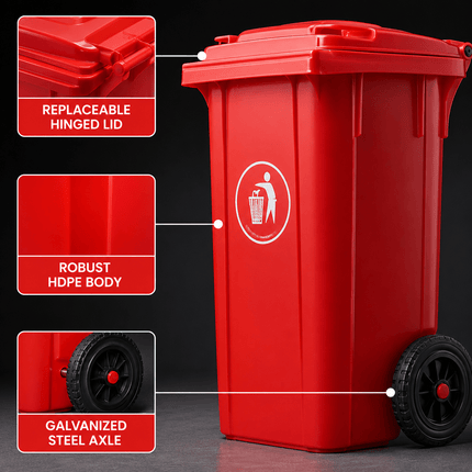 100L Red Wheelie Bin with Lid and Rubber Wheels, Heavy Duty HDPE Outdoor Refuse Waste Bin, 74 x 53 x 45 cm, for Home, Flat, Garage and Workplace