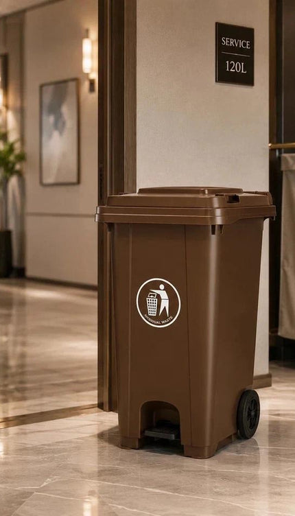 120L Brown Wheelie Bin with Lid, Large Outdoor Rubbish Bin with Rubber Wheels and Handle, HDPE Waste Dustbin for Home, Garage and Workplace