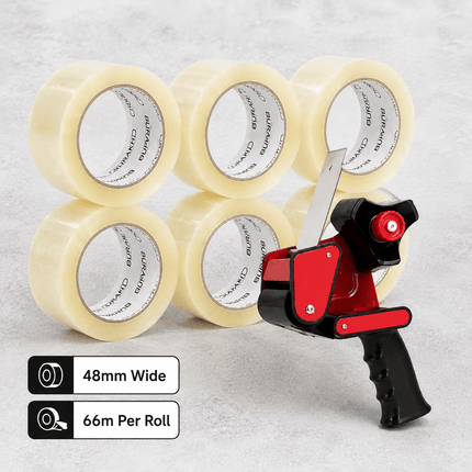Packing Tape with Dispenser Gun, 6 Rolls 48mm x 66m Strong Parcel Tape for Boxes, Cartons, Moving, Shipping & Storage, Clear