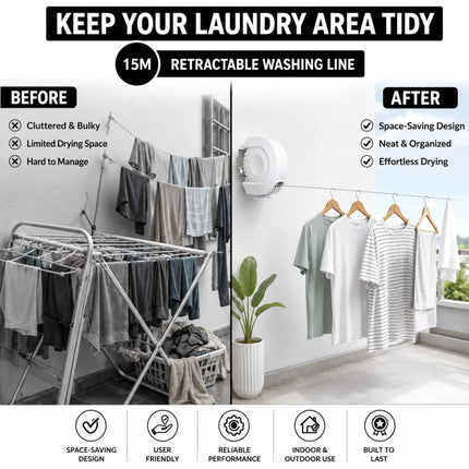15m Retractable Clothes Line 15KG Heavy Duty Wall Mounted Washing Line for Indoor & Outdoor Use
