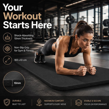 Yoga Mat 10mm Thick Non Slip PVC Pilates Gym Exercise Workout Mat Black 183x61cm