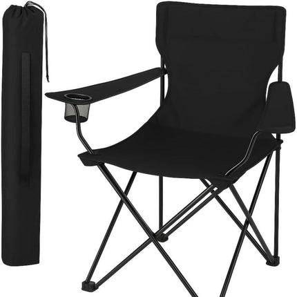 Folding Camping Chair with Cup Holder Black Portable Lightweight Outdoor Chair Steel Frame Polyester Seat for Garden, Beach, Picnic, Fishing & Festivals, Supports Up to 110KG