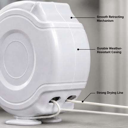 Retractable Washing Clothes Line, Wall Mounted Clothes Drying Line, Space Saving Laundry Line for Indoor Outdoor Use, Garden Balcony Utility Room, White