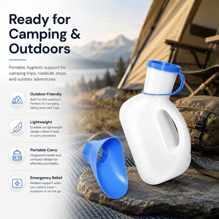 Pack of 2 Unisex 1L Urinal Bottles with Lid & Funnel – Portable Emergency Pee Bottle, Reusable Travel Urine Container for Men & Women, Camping, Car Travel, Bedside Toilet Aid & Home Care