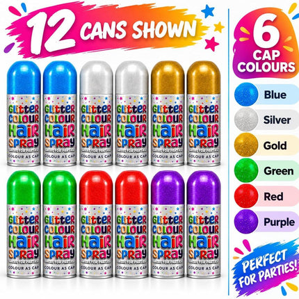 Pack of 12 Temporary Hair Colour Spray 200ml Washable Glitter Classic for Special Occasion Fancy Dress Up Hairspray Can for Parties Festivals Halloween - Haircare