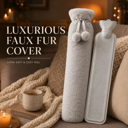 Hot Water Bottle with Soft Fleece Extra Long 2.2L Cover Body Pain Relief for Back, Neck, Shoulders & Legs  Light Grey