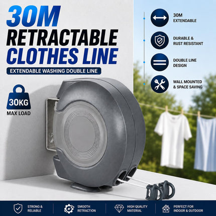 Retractable Clothes Reel Wall Mounted Drying Line 12m 15m 26m 30m Indoor Outdoor Laundry Airer Space Saving