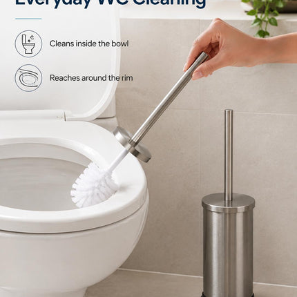 Stainless Steel Toilet Brush & Holder Set Pack of 2 Long Handle Bathroom WC Cleaning Brush Freestanding Silver