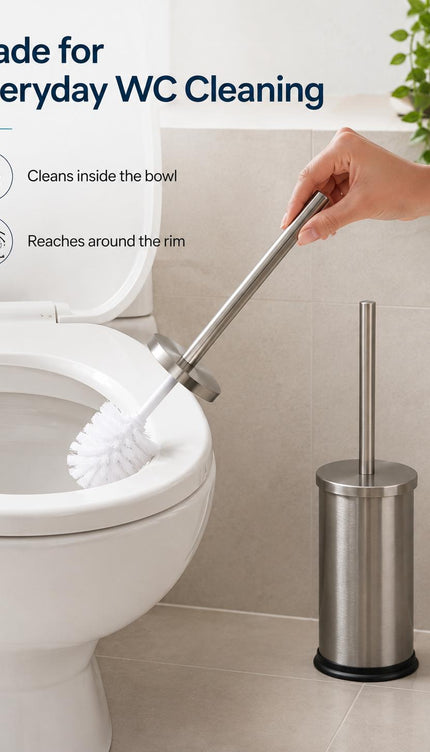Stainless Steel Toilet Brush & Holder Set Pack of 2 Long Handle Bathroom WC Cleaning Brush Freestanding Silver