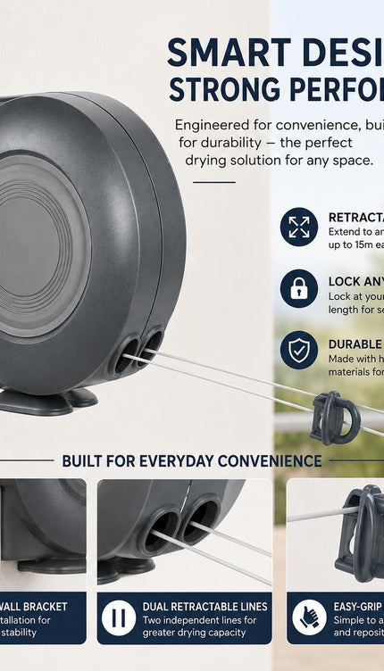 30M Retractable Clothes Line 30KG Heavy Duty Double Washing Line Extendable Wall Mounted Dryer