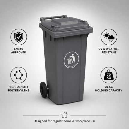 100L Grey Wheelie Bin with Lid, Rubber Wheels & Push Handle, Heavy Duty HDPE Wheeled Rubbish Bin for Home, Garden, Garage & Workplace, 74 × 53 × 45 cm