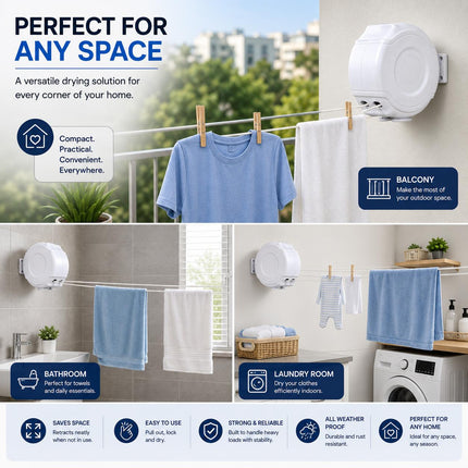 26M Retractable Clothes Line 30KG Heavy Duty Double Washing Line Extendable Wall Mounted Dryer