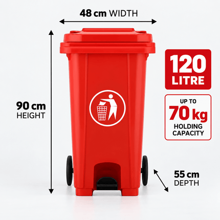 120L Red Outdoor Wheelie Bin with Lid, Heavy Duty HDPE Waste Rubbish Dustbin with Rubber Wheel