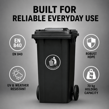 100L Black Wheelie Bin with Lid, Rubber Wheels and Push Handle, Heavy Duty HDPE Wheeled Rubbish Bin for Household, Garden, Garage and Workplace Waste