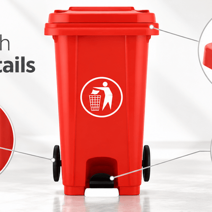 120L Red Outdoor Wheelie Bin with Lid, Heavy Duty HDPE Waste Rubbish Dustbin with Rubber Wheel