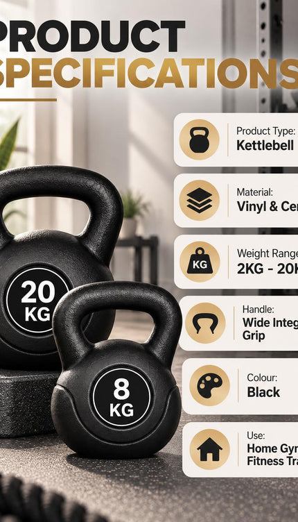Kettlebell Weights 2KG-20KG Black Vinyl Coated Cement