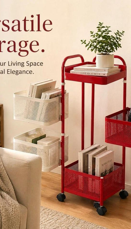 5 Tier Rotating Storage Trolley Rack, Carbon Steel Organiser Cart, Red & White