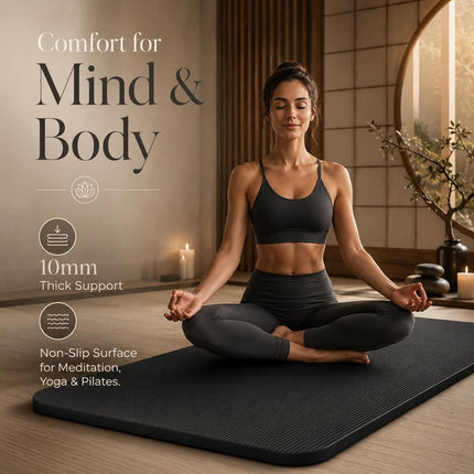 Yoga Mat 10mm Thick Non Slip PVC Pilates Gym Exercise Workout Mat Black 183x61cm
