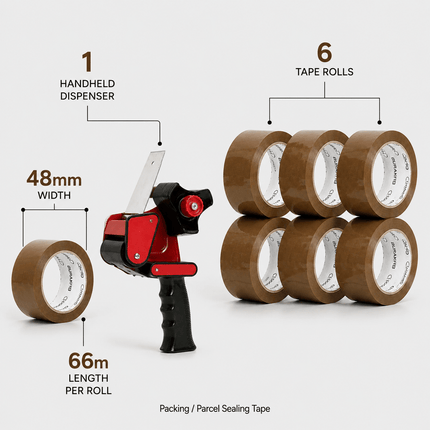 6 Rolls Brown Packing Tape with Tape Gun Dispenser 48mm x 66m, Parcel Sealing Tape for Boxes, Moving, Shipping and Packaging