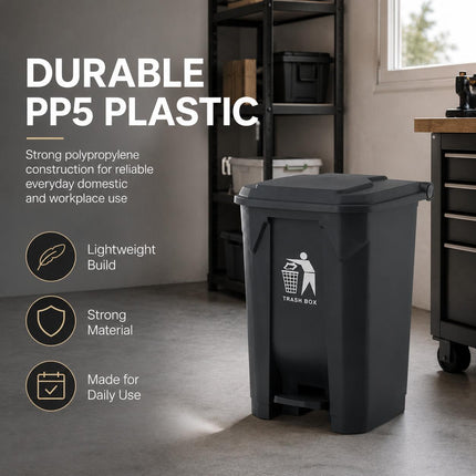 80L Pedal Bin with Lid, Large Black Plastic Kitchen Rubbish Bin for Home, Office, Bathroom and Workspace Waste