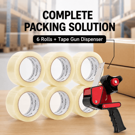 Packing Tape with Dispenser Gun, 6 Rolls 48mm x 66m Strong Parcel Tape for Boxes, Cartons, Moving, Shipping & Storage, Clear
