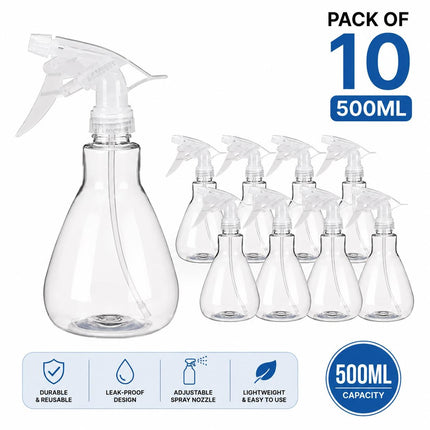 10 Pack 500ml Trigger Spray Bottles Clear PET Plastic Water Misters for Hair Salon Garden Plants Cleaning Home
