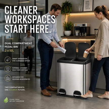Dual Pedal Bin 2 x 15L Stainless Steel Recycling Waste Can 30L for Kitchen Office