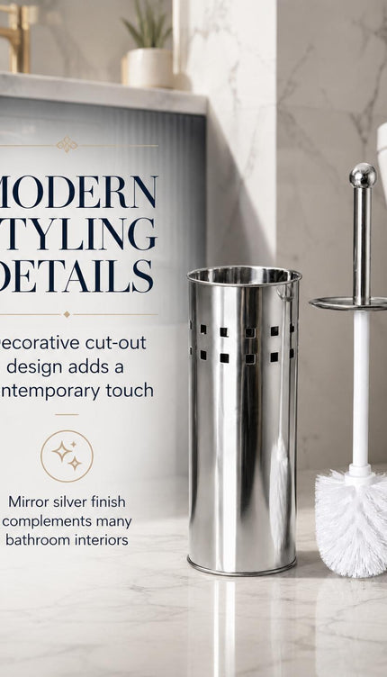 Toilet Brush With Holder Stainless Steel Bathroom WC Cleaning Brush Freestanding Silver White 38cm