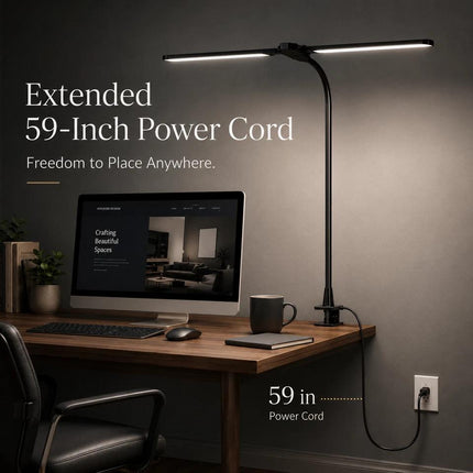 Dual Head LED Desk Lamp with Clamp, Touch Dimming, 5 Color Modes, Flexible Arm, Black Warm to Cool Reading Light for Home Office