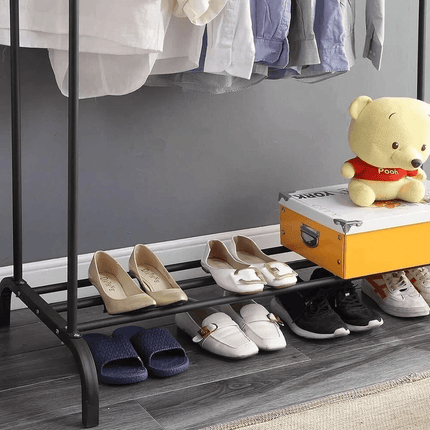 Double Clothes Rail Heavy Duty Garment Rack with Shoe Storage Display Stand for Bedroom Bedroom Wardrobe Organizer Hanging Clothes Rack with Bottom Shelf Storage