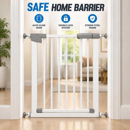 Baby Safety Gate Pressure Fit Stair Gate Auto Close Double Lock Steel Child Pet Gate Adjustable 63-70cm Doorway Barrier No Drill Installation Walk Through Safety Gate for Stairs Hallway Home