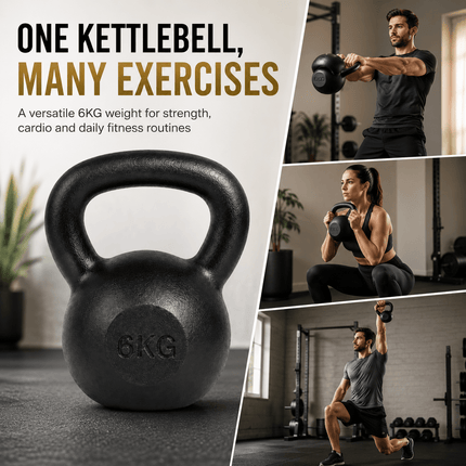 6kg Cast Iron Kettlebell, Black Strength Training Weight with Flat Base for Home Gym Workouts