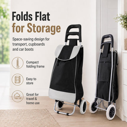 Shopping Trolley 35L Folding Lightweight 2 Wheel Cart with Large Waterproof Bag for Groceries Travel and Storage Black