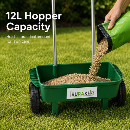 12L Lawn Seed Spreader Wheeled Push Garden Grass Seeder Fertiliser Lawn Feed Rotary Spreader with 110cm Handle for Garden Lawn Care