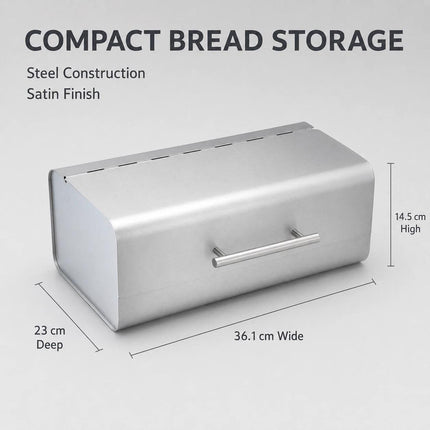 Bread Bin Stainless Steel Large Bread Box with Hinged Lid & Handle, Kitchen Bread Storage Container, Countertop Bread Keeper, Silver Satin Finish, 36.1 x 23 x 14.5 cm