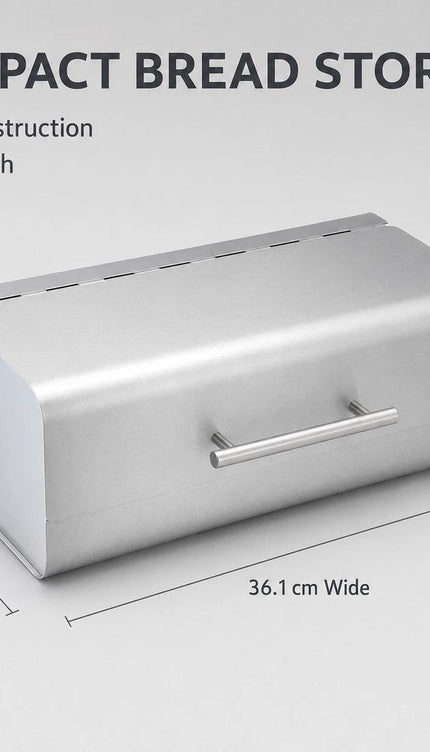 Bread Bin Stainless Steel Large Bread Box with Hinged Lid & Handle, Kitchen Bread Storage Container, Countertop Bread Keeper, Silver Satin Finish, 36.1 x 23 x 14.5 cm