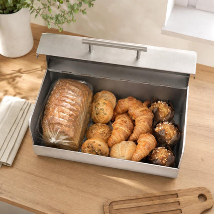 Bread Bin Stainless Steel Large Bread Box with Hinged Lid & Handle, Kitchen Bread Storage Container, Countertop Bread Keeper, Silver Satin Finish, 36.1 x 23 x 14.5 cm
