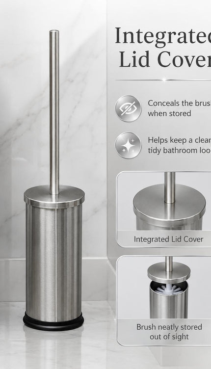 Stainless Steel Toilet Brush & Holder Set Pack of 2 Long Handle Bathroom WC Cleaning Brush Freestanding Silver