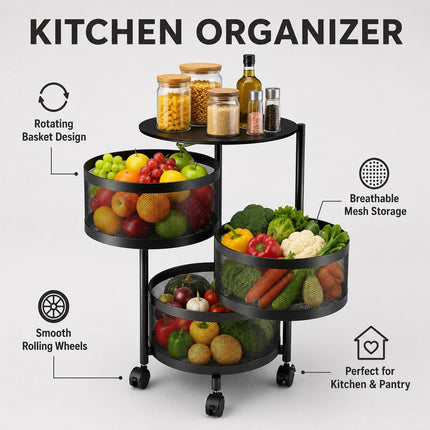 4 Tier Rotating Storage Trolley with Wheels Space-Saving Kitchen Vegetable Rack and Bathroom Organizer Shelf