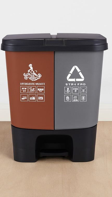 16L Recycling Pedal Bin Double Compartment Kitchen Waste Dustbin Brown & Grey