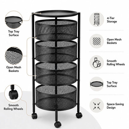 Rotating Kitchen Storage Trolley with Wheels – Multi-Layer Organizer Cart
